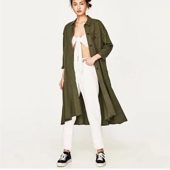 ZARA Trafaluc TRF Olive Khaki Oversized Shirt Dress w/ Frill Ruffle M - Picture 13 of 13
